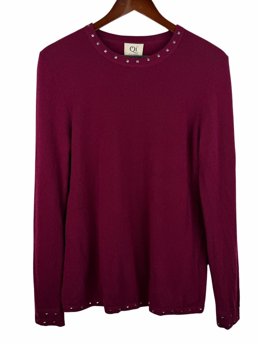 Qi Cashmere | Burgundy Studded Crewneck Cashmere Sweater